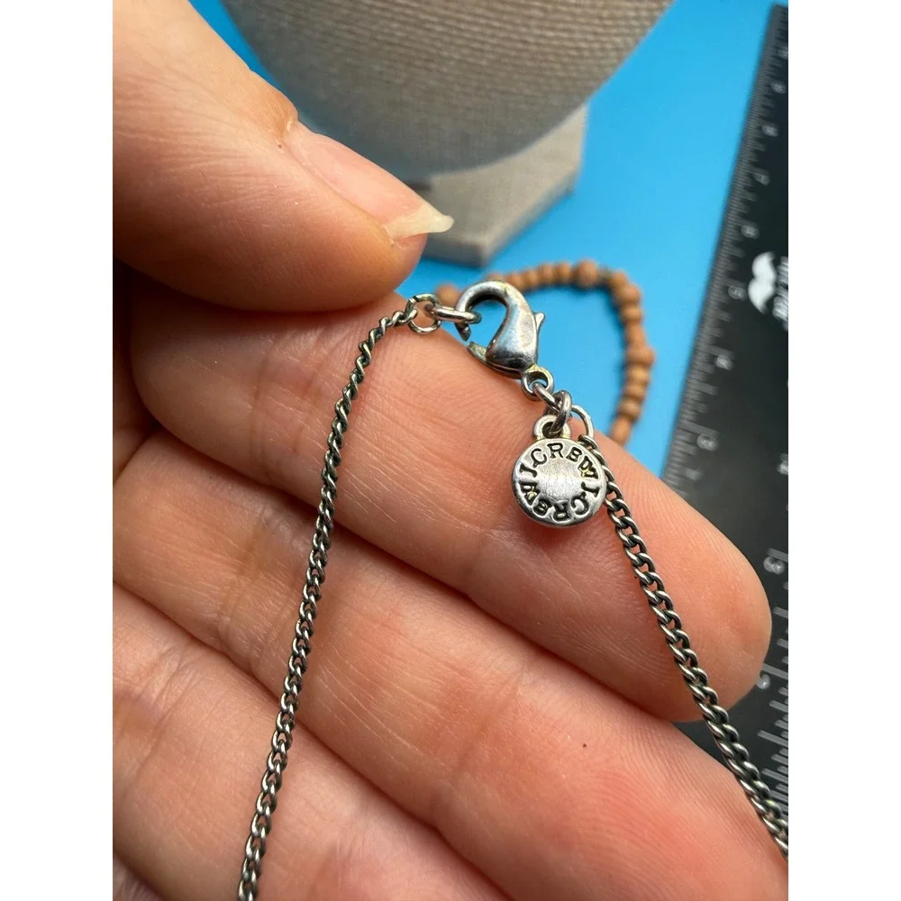 J. Crew Long Beaded Necklace Silver Tone Chain Tan Wood Beads‎ Crystal Accents